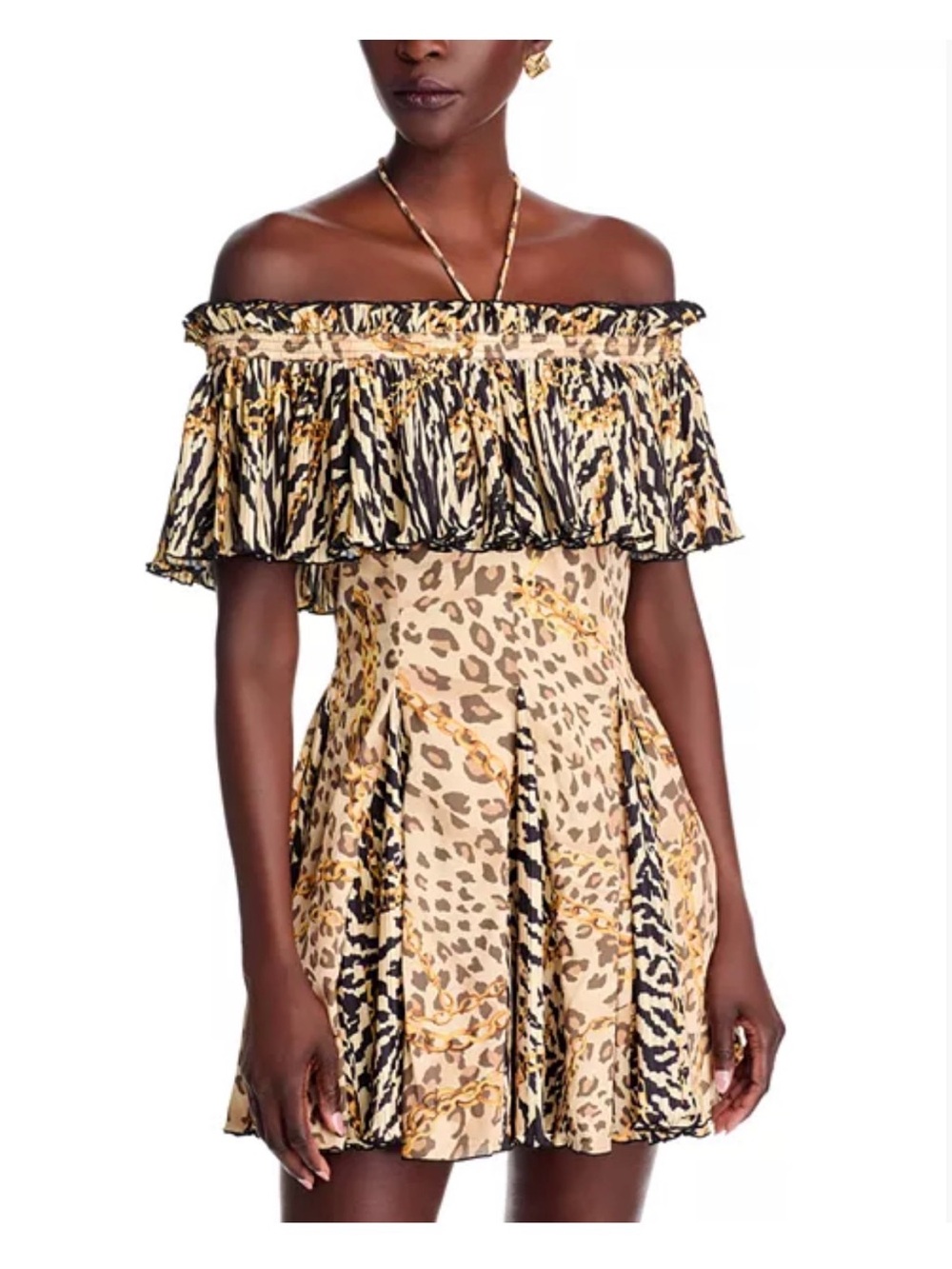 Off-Shoulder Mixed Animal Print Mini Dress in Beige